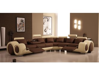 Divani Casa 4087 - Modern Brown + Beige Leather Sectional Sofa with Recliners
