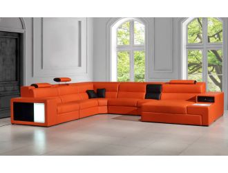 Divani Casa Polaris - Contemporary Orange Bonded Leather U Shaped Sectional Sofa with Lights