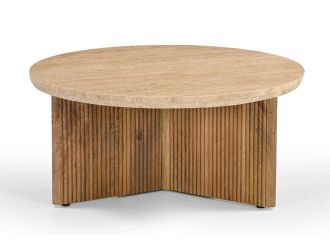 Modrest Pawnee - Modern Travertine Marble + Wood Round Coffee Table