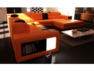 Divani Casa Polaris - Contemporary Orange Leather U Shaped Sectional Sofa with Lights