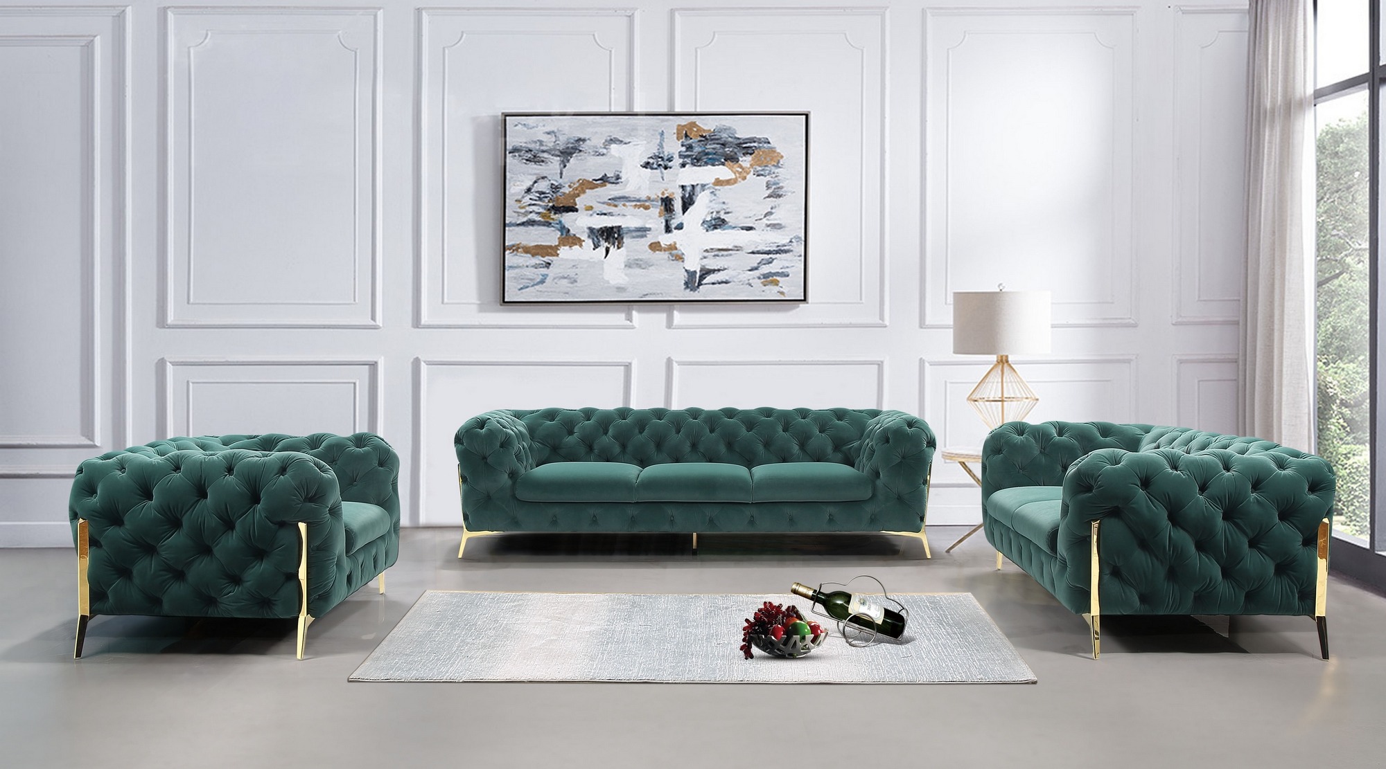 Transitional Emerald Green Velvet Sofa Set